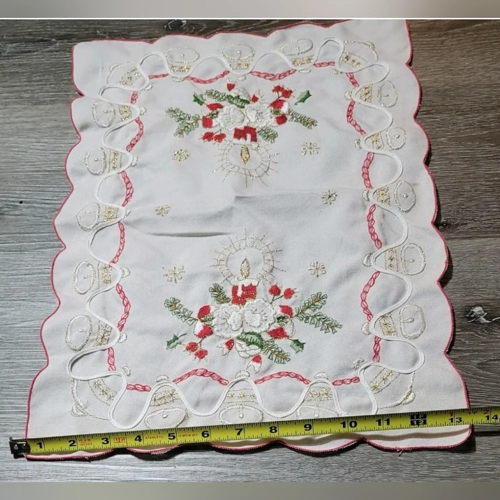 Vintage Embroidered Christmas table mat placemat tray mat candle and Holly